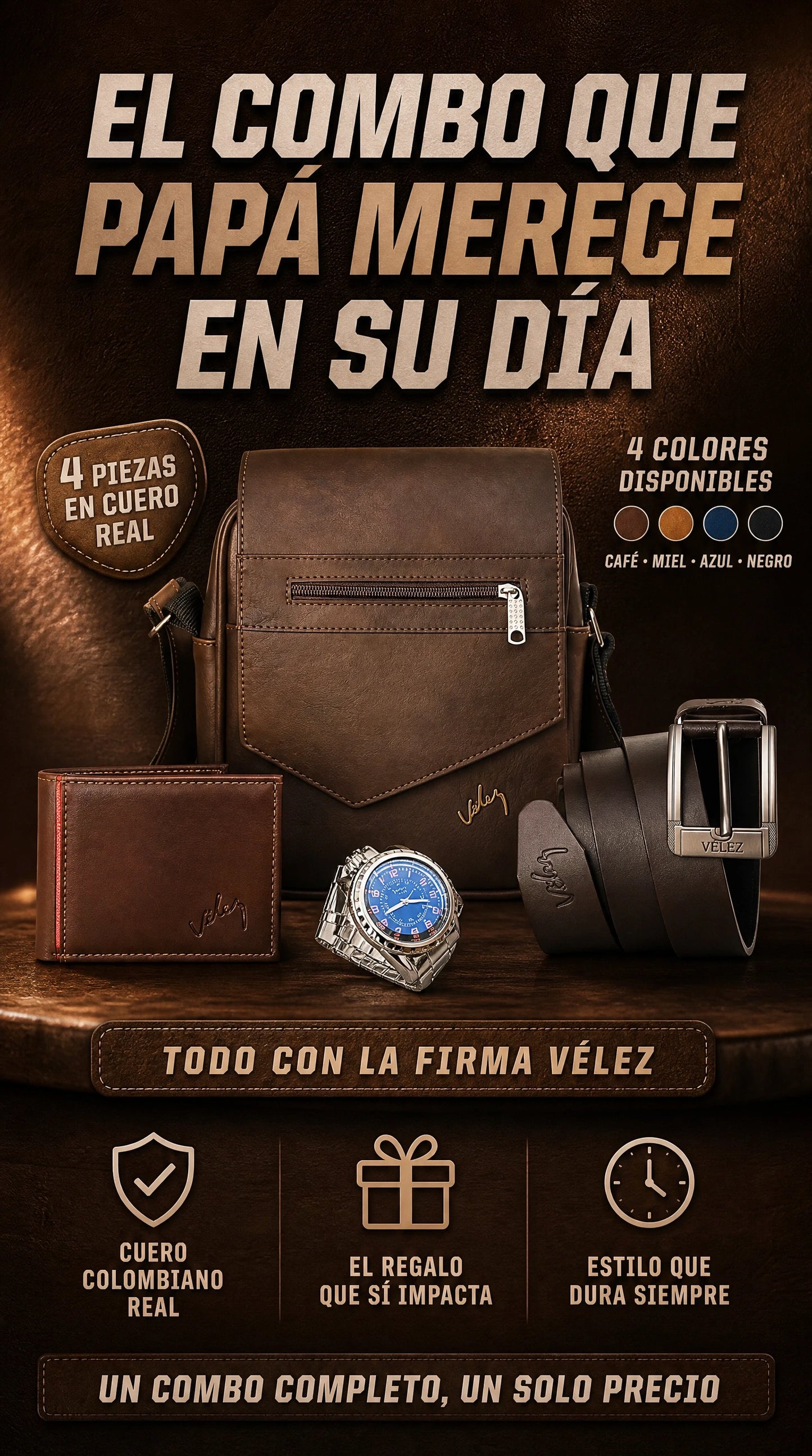 Combo Vélez 1.1 — Bolso, Billetera, Correa y Reloj en Cuero Colombiano