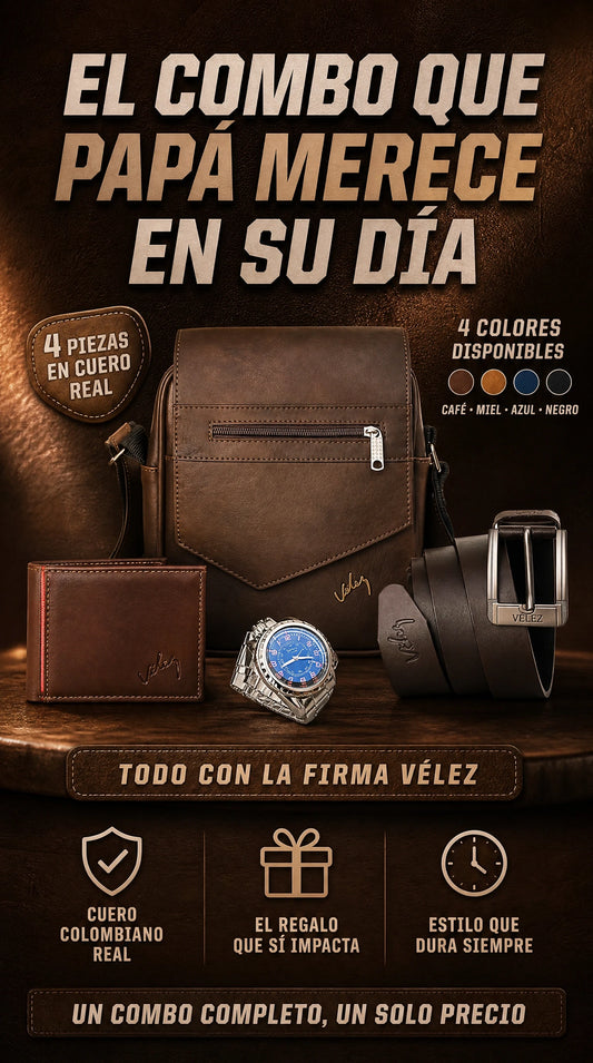 Combo Vélez 1.1 — Bolso, Billetera, Correa y Reloj en Cuero Colombiano